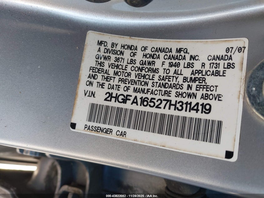 2007 Honda Civic Lx VIN: 2HGFA16527H311419 Lot: 43822082