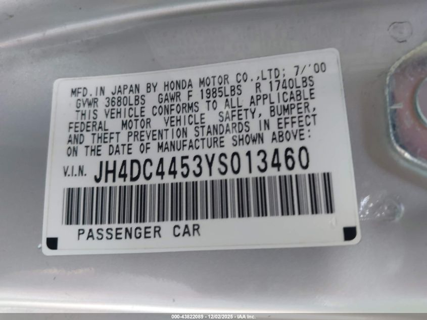 2000 Acura Integra Ls VIN: JH4DC4453YS013460 Lot: 43822089