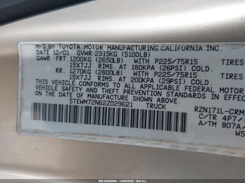 2002 Toyota Tacoma VIN: 5TEWM72N62Z029621 Lot: 43822094