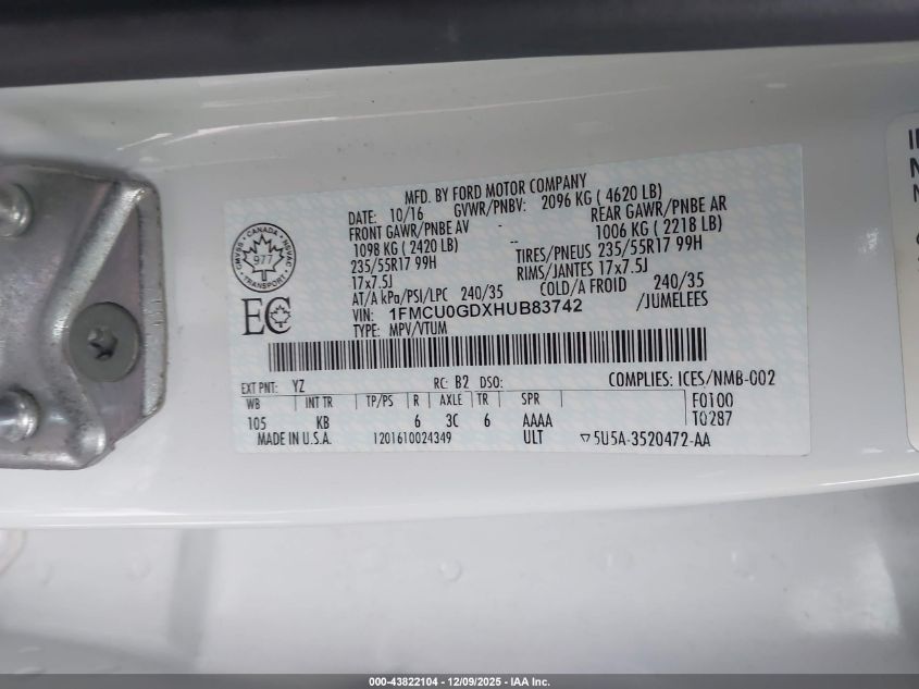 2017 Ford Escape Se VIN: 1FMCU0GDXHUB83742 Lot: 43822104