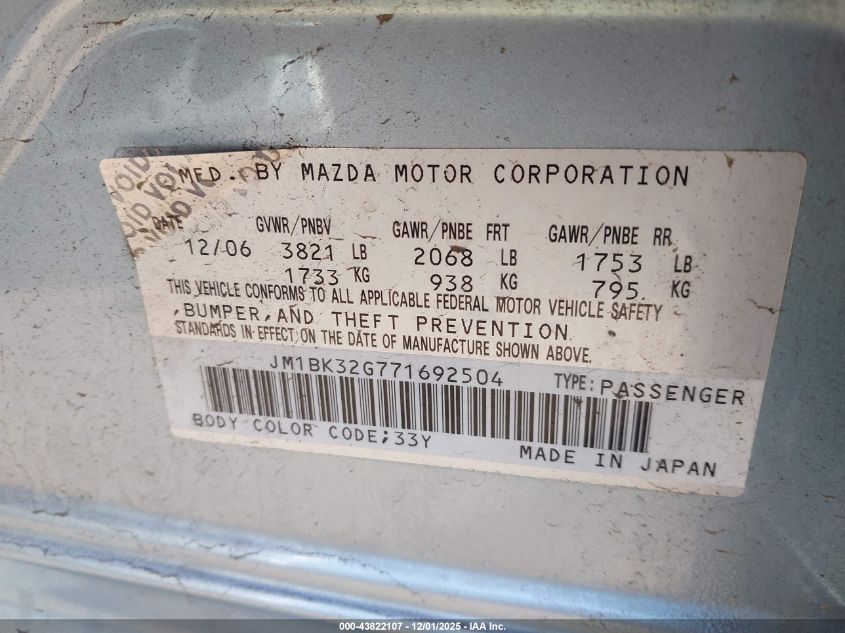 2007 Mazda Mazda3 I VIN: JM1BK32G771692504 Lot: 43822107