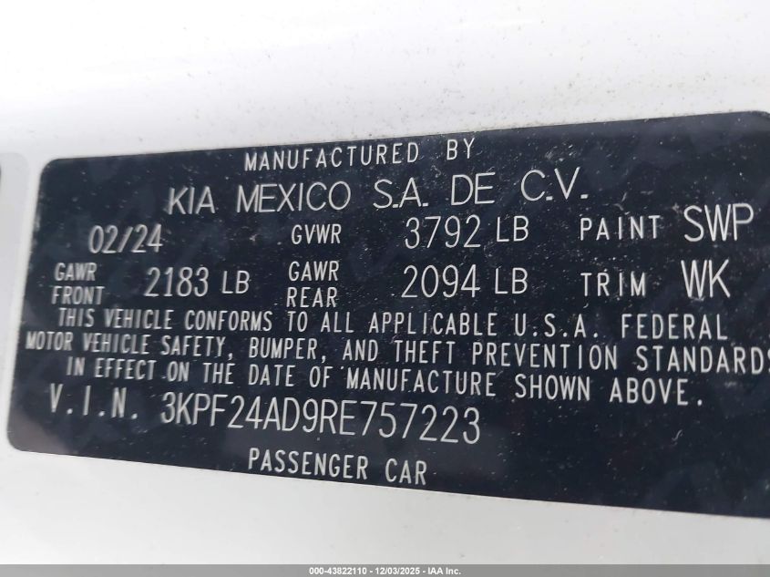 2024 Kia Forte Lxs VIN: 3KPF24AD9RE757223 Lot: 43822110