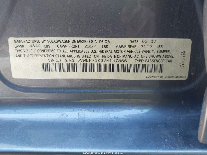 2007 Volkswagen Jetta Wolfsburg Edition VIN: 3VWEF71K37M147866 Lot: 43822123