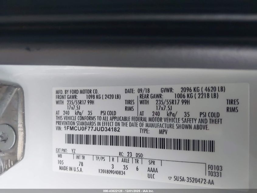 2018 Ford Escape S VIN: 1FMCU0F77JUD34182 Lot: 43822128