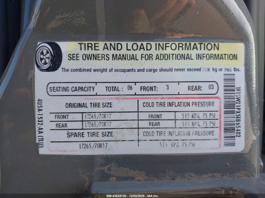 2005 Ford F-250 Lariat/Xl/Xlt VIN: 1FTSW21PX5EB65482 Lot: 43822130