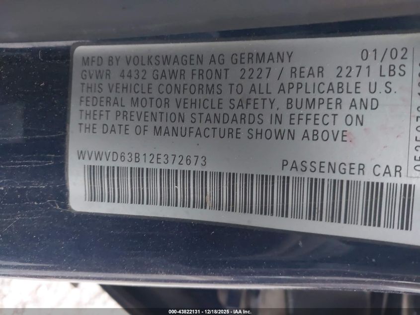 2002 Volkswagen Passat Gls VIN: WVWVD63B12E372673 Lot: 43822131