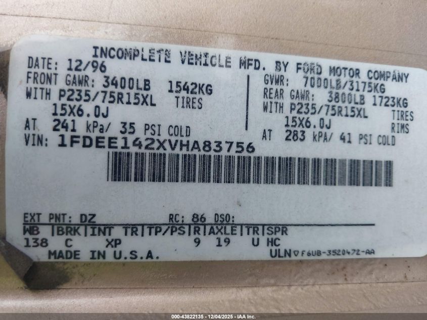 1997 Ford Econoline E150 Van VIN: 1FDEE142XVHA83756 Lot: 43822135