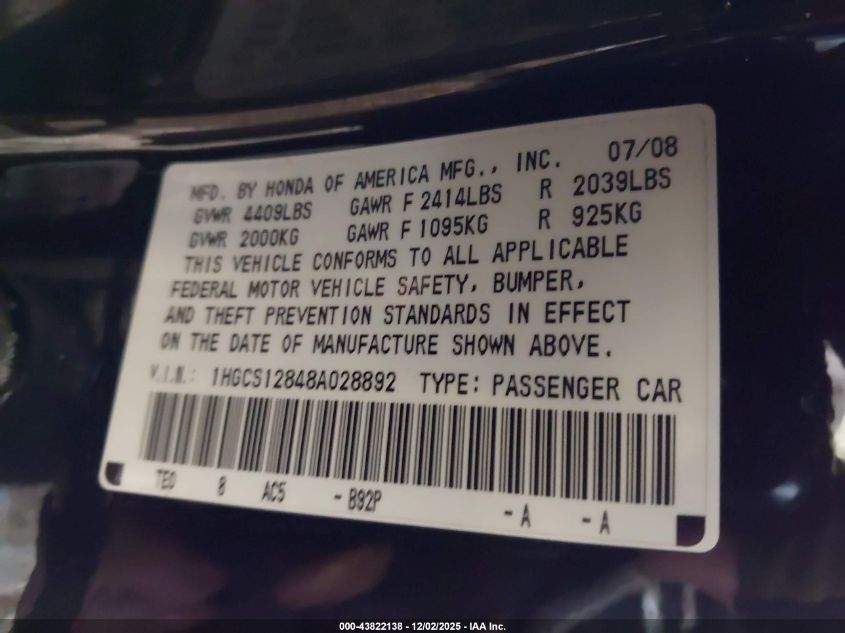 2008 Honda Accord Cpe 2.4 Ex-L/Ex-L VIN: 1HGCS12848A028892 Lot: 43822138