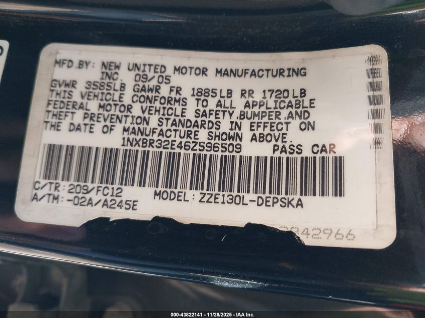 2006 Toyota Corolla S VIN: 1NXBR32E46Z596509 Lot: 43822141