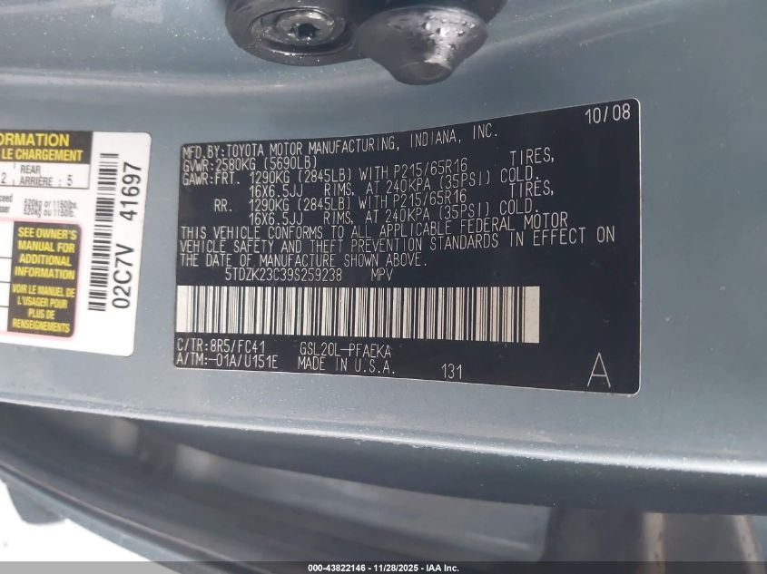 2009 Toyota Sienna Le VIN: 5TDZK23C39S259238 Lot: 43822146