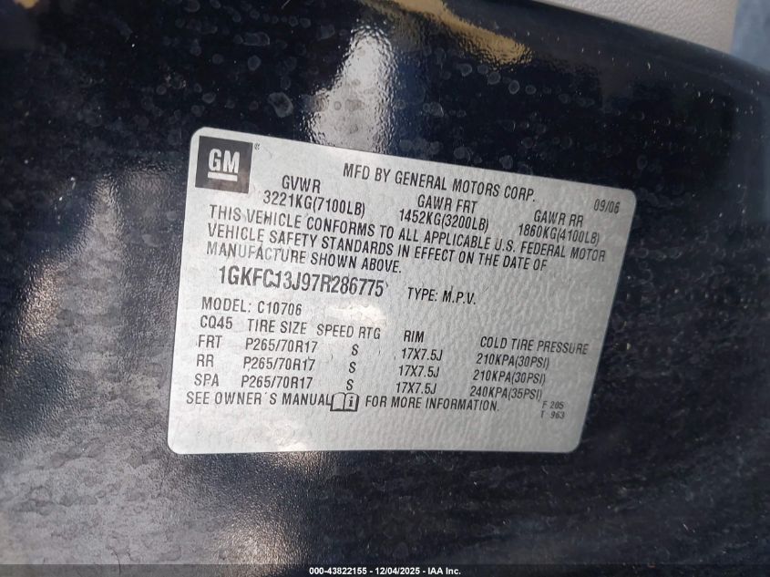 2007 GMC Yukon Slt VIN: 1GKFC13J97R286775 Lot: 43822155