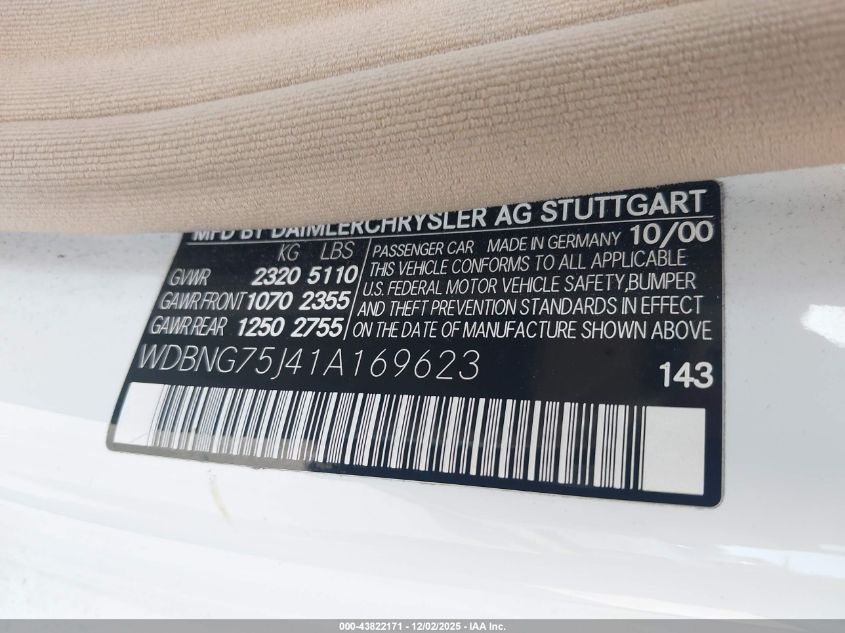 2001 Mercedes-Benz S 500 VIN: WDBNG75J41A169623 Lot: 43822171