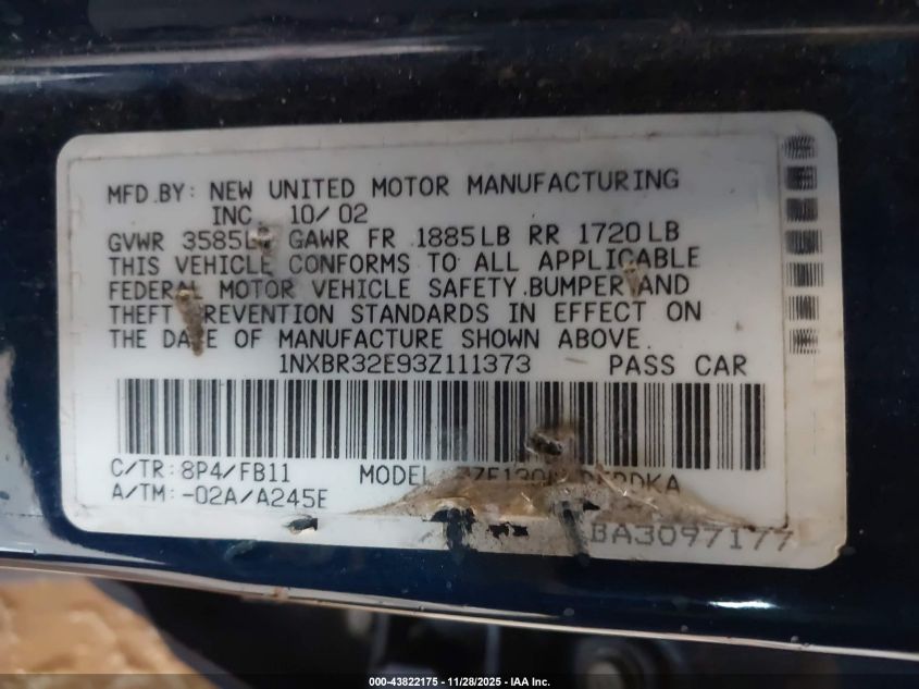 2003 Toyota Corolla Ce VIN: 1NXBR32E93Z111373 Lot: 43822175