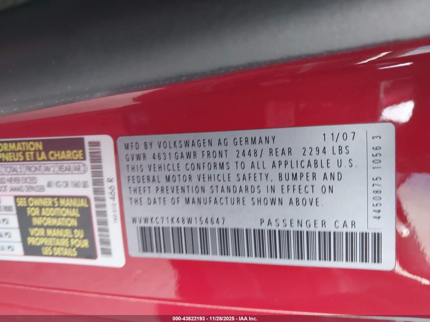 2008 Volkswagen R32 VIN: WVWKC71K48W154647 Lot: 43822193