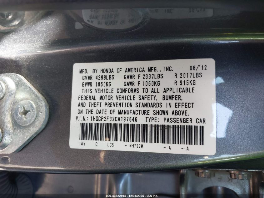 2012 Honda Accord 2.4 Lx VIN: 1HGCP2F32CA197646 Lot: 43822194