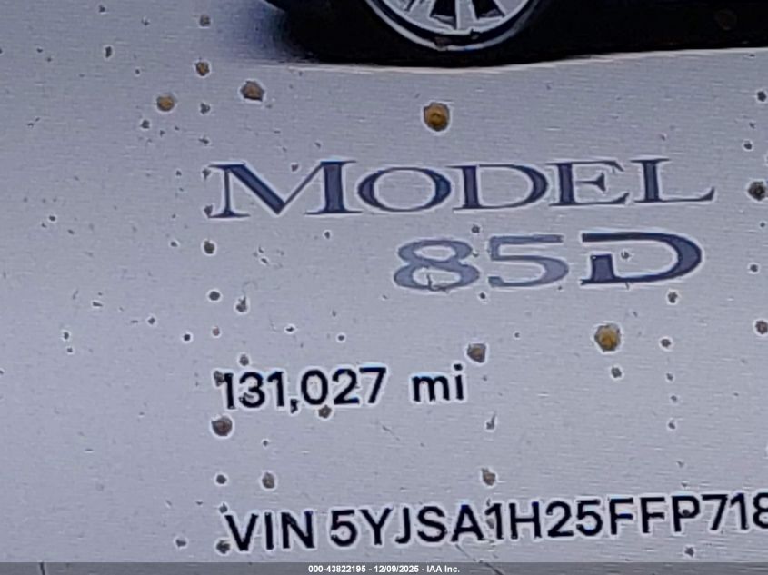 2015 Tesla Model S 70D/85D/P85D VIN: 5YJSA1H25FFP71842 Lot: 43822195