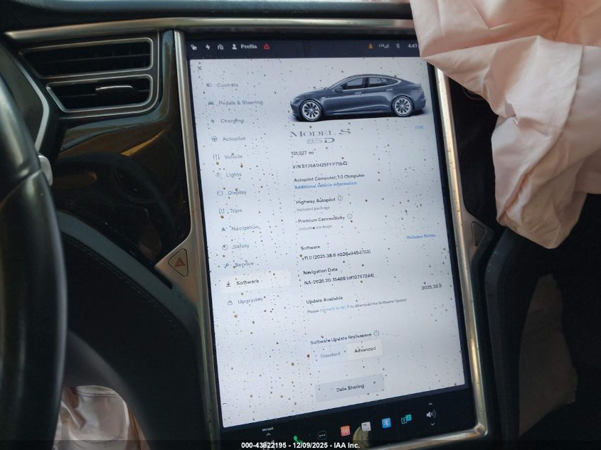 2015 Tesla Model S 70D/85D/P85D VIN: 5YJSA1H25FFP71842 Lot: 43822195