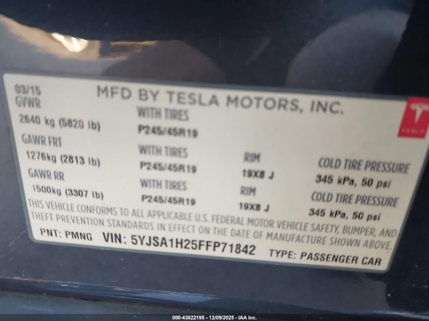 2015 Tesla Model S 70D/85D/P85D VIN: 5YJSA1H25FFP71842 Lot: 43822195