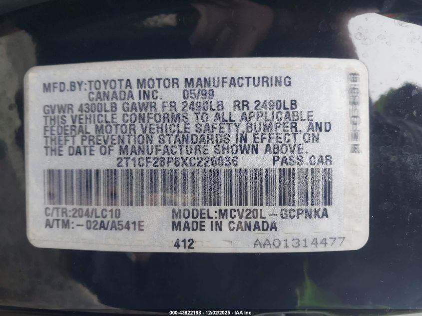 1999 Toyota Camry Solara Sle VIN: 2T1CF28P8XC226036 Lot: 43822198