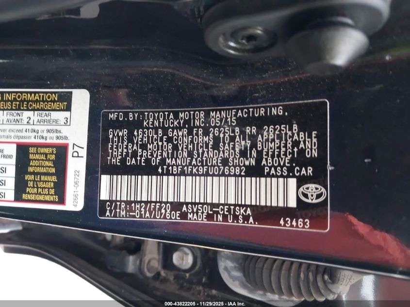 2015 Toyota Camry Se VIN: 4T1BF1FK9FU076982 Lot: 43822205