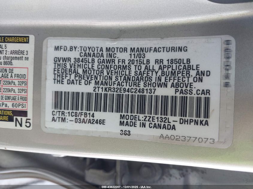 2004 Toyota Matrix Xr VIN: 2T1KR32E94C248137 Lot: 43822207