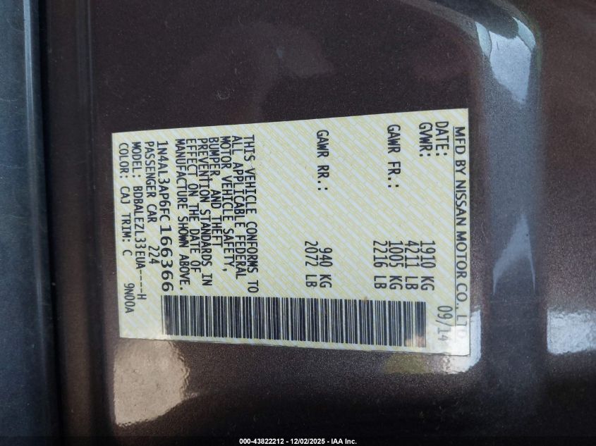 2015 Nissan Altima 2.5 S VIN: 1N4AL3AP6FC166366 Lot: 43822212