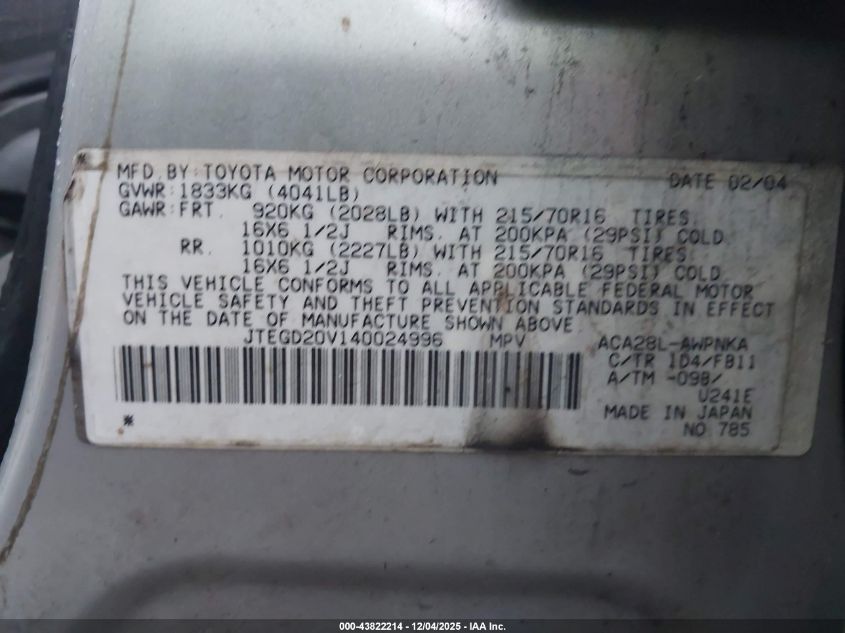 2004 Toyota Rav4 VIN: JTEGD20V140024996 Lot: 43822214