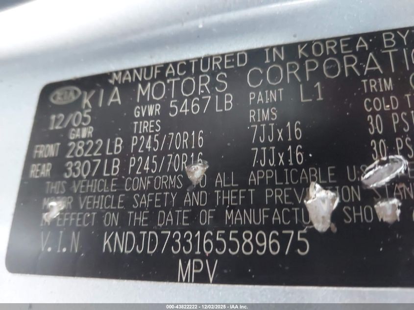 2006 Kia Sorento Ex/Lx VIN: KNDJD733165589675 Lot: 43822222