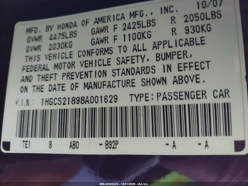 2008 Honda Accord Cpe 3.5 Ex-L/Ex-L VIN: 1HGCS21898A001629 Lot: 43822233