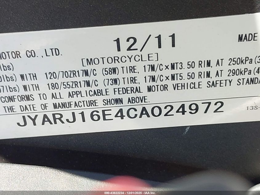 2012 Yamaha Yzfr6 VIN: JYARJ16E4CA024972 Lot: 43822234