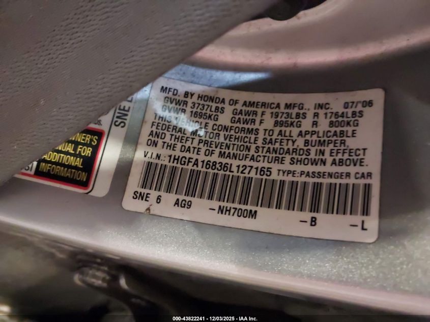 2006 Honda Civic Ex VIN: 1HGFA16836L127165 Lot: 43822241