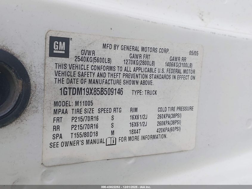 1GTDM19X85B509146 2005 GMC SAFARI photo no. 9