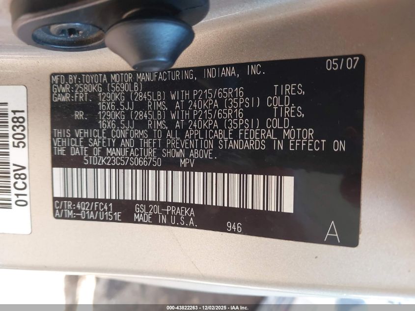 2007 Toyota Sienna Le VIN: 5TDZK23C57S066750 Lot: 43822263