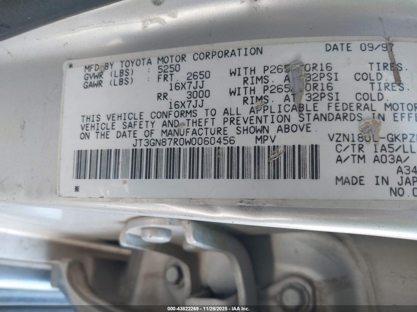 1998 Toyota 4Runner Sr5 V6 Limited VIN: JT3GN87R0W0060456 Lot: 43822269