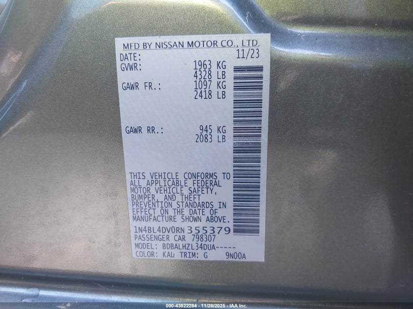 2024 Nissan Altima Sv Fwd VIN: 1N4BL4DV0RN355379 Lot: 43822284