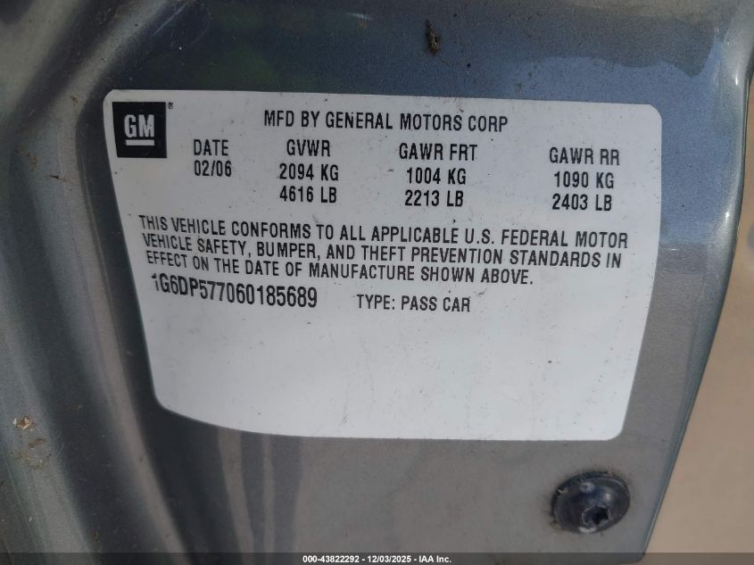 2006 Cadillac Cts Standard VIN: 1G6DP577060185689 Lot: 43822292