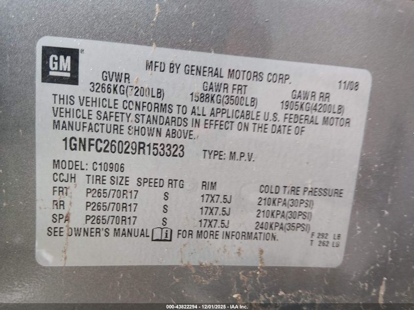 2009 Chevrolet Suburban 1500 Lt2 VIN: 1GNFC26029R153323 Lot: 43822294