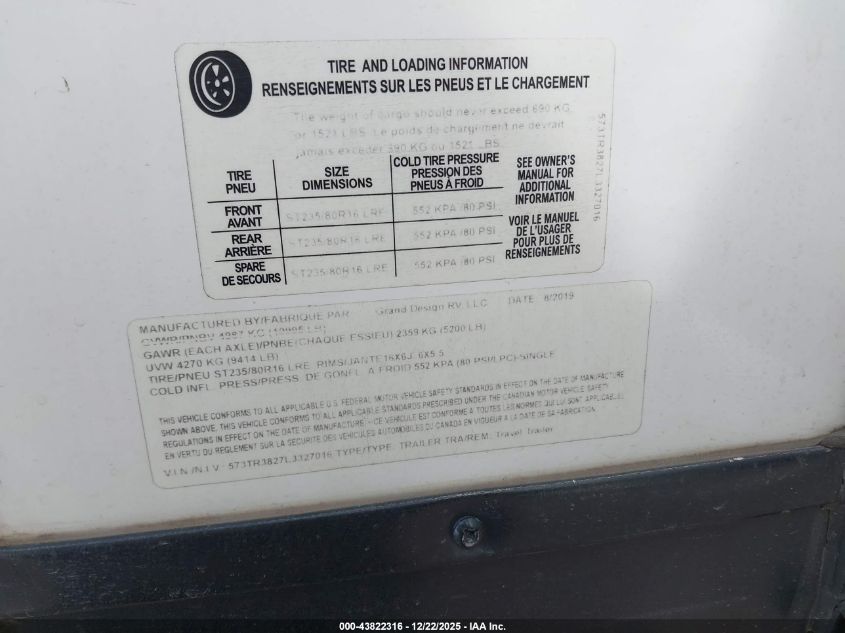 2020 Grand Design Reflection VIN: 573TR3827L3327016 Lot: 43822316