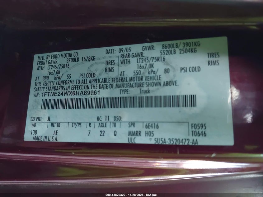 2006 Ford E-250 Commercial/Recreational VIN: 1FTNE24WX6HA89961 Lot: 43822322