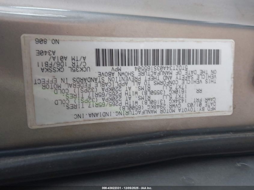 2003 Toyota Sequoia Sr5 V8 VIN: 5TDZT34A03S165504 Lot: 43822331