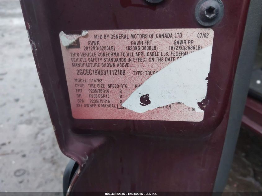 2003 Chevrolet Silverado 1500 Ls VIN: 2GCEC19V531112108 Lot: 43822335