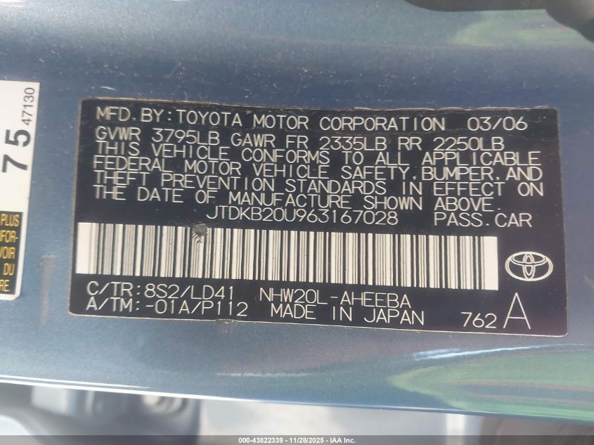 2006 Toyota Prius VIN: JTDKB20U963167028 Lot: 43822339