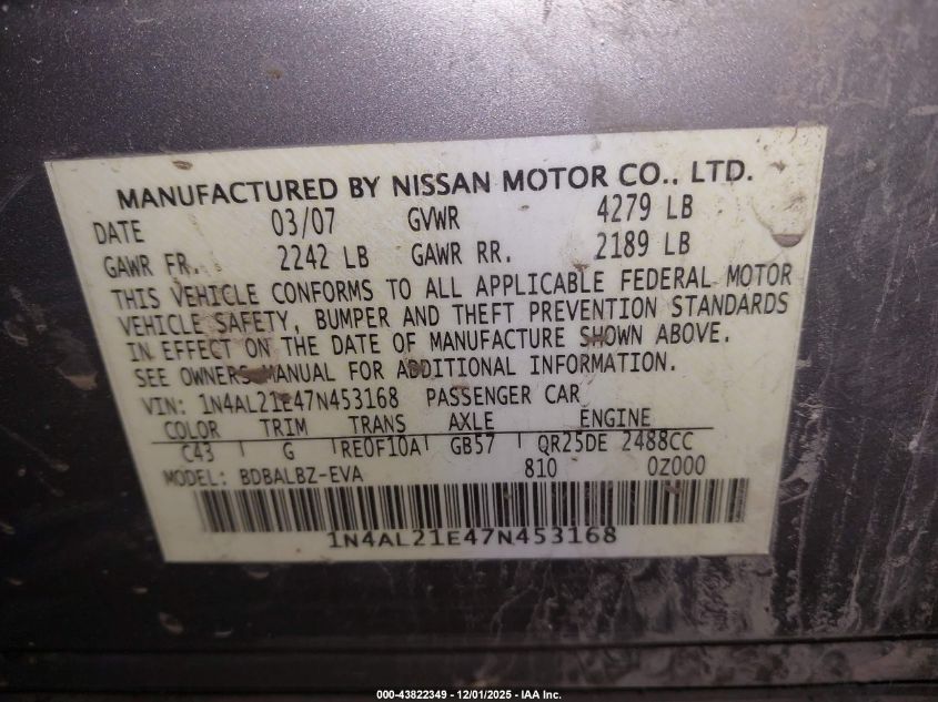 2007 Nissan Altima 2.5 S VIN: 1N4AL21E47N453168 Lot: 43822349