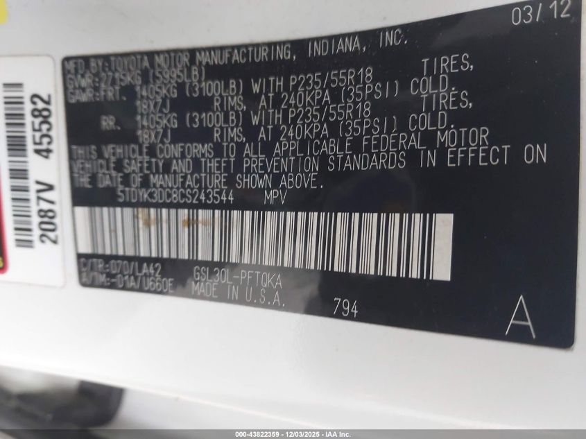 2012 Toyota Sienna Limited V6 7 Passenger VIN: 5TDYK3DC8CS243544 Lot: 43822359