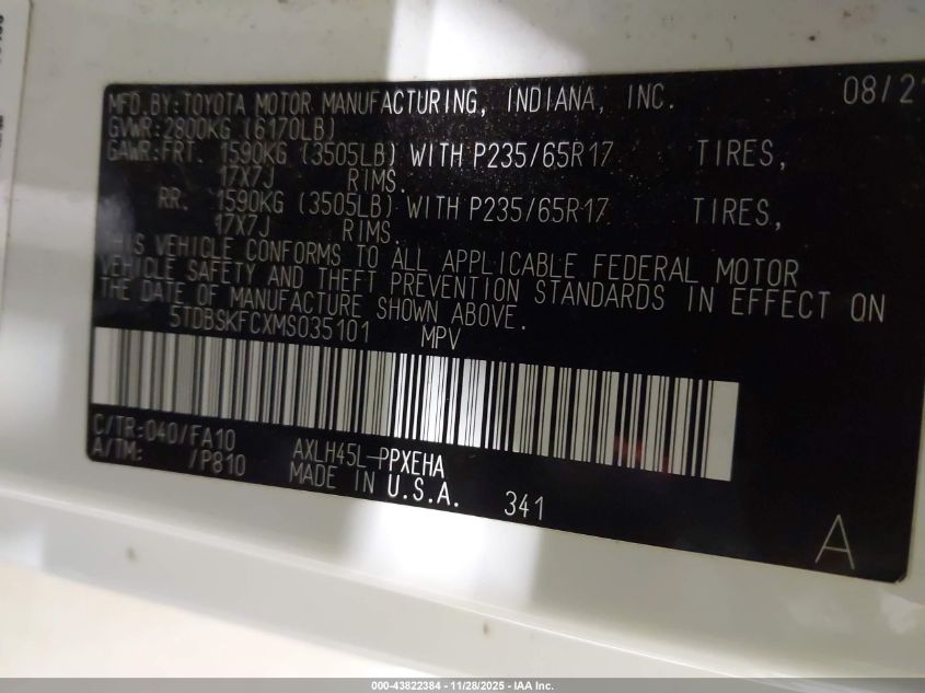 2021 Toyota Sienna Le VIN: 5TDBSKFCXMS035101 Lot: 43822384