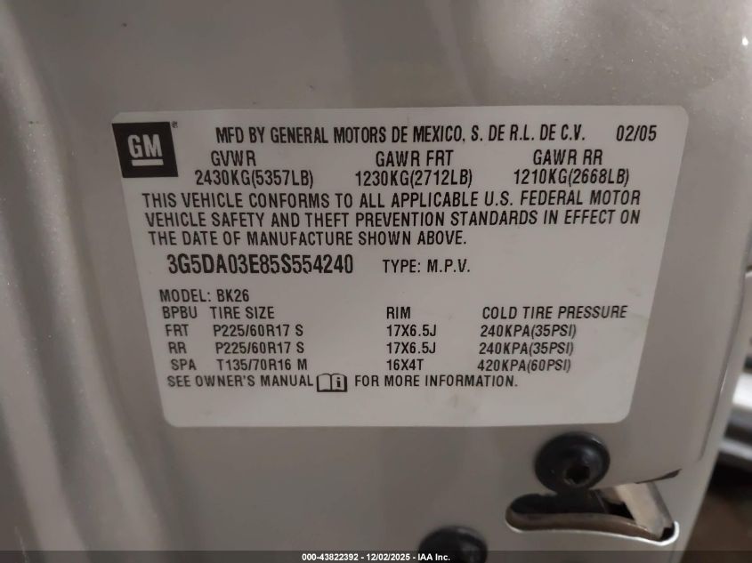 2005 Buick Rendezvous Cx VIN: 3G5DA03E85S554240 Lot: 43822392