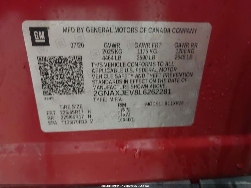 2020 Chevrolet Equinox Fwd 2Fl VIN: 2GNAXJEV8L6262281 Lot: 43822411