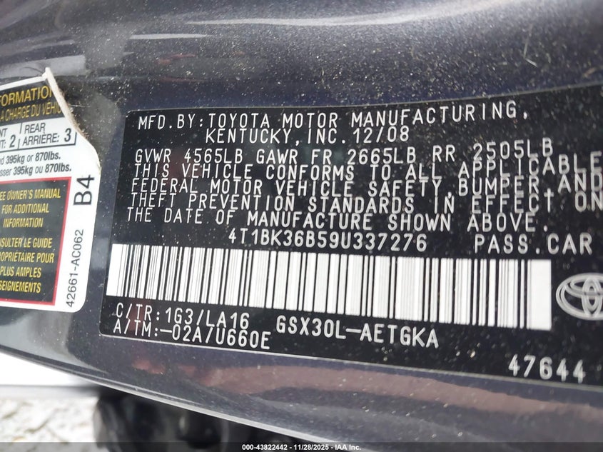 2009 Toyota Avalon Xls VIN: 4T1BK36B59U337276 Lot: 43822442