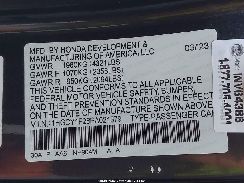 2023 Honda Accord Lx VIN: 1HGCY1F28PA021379 Lot: 43822449