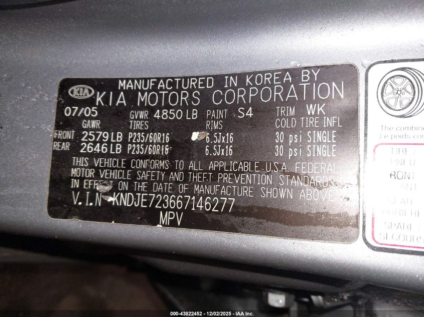 2006 Kia Sportage Ex V6/Lx V6 VIN: KNDJE723667146277 Lot: 43822452